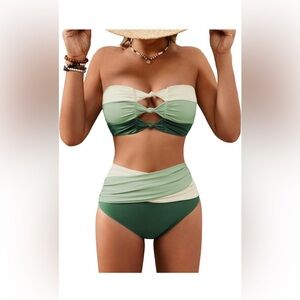 Green and Cream Bandeau Bikini Large NWT